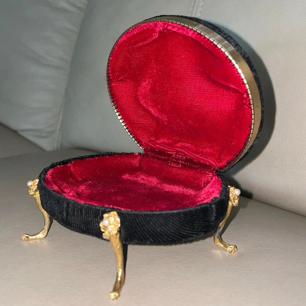 Antique 1900s Footed Jewelry Casket Box - Black/Red Velvet - Ornate Lion Feet